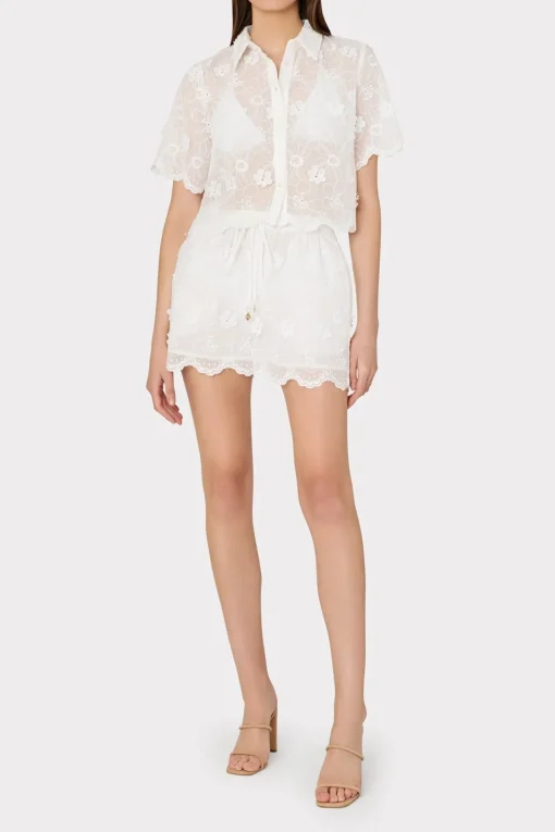 MILLY Cover-Ups-3D Floral Cotton Eyelet Button Up Top
