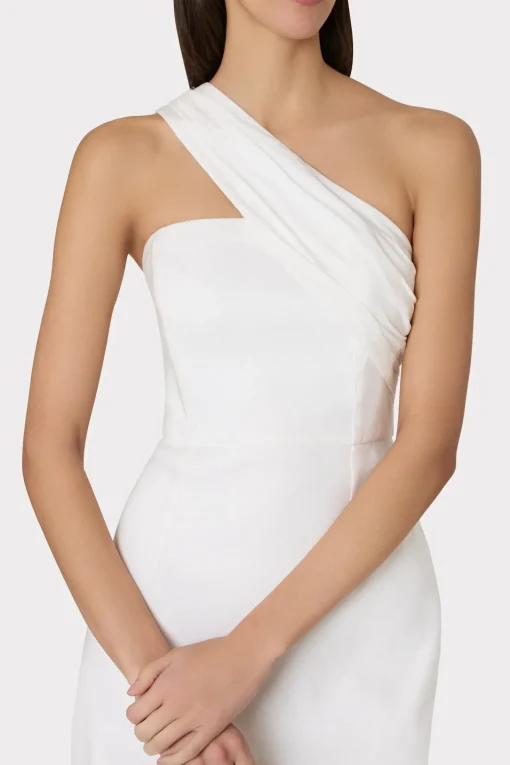 MILLY White Dresses-Draped One Shoulder Linen Dress