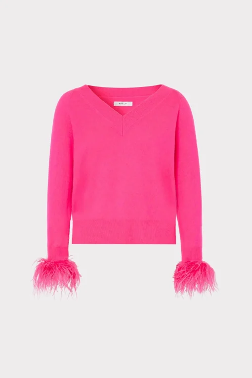 MILLY Jumpsuits & Rompers-Feather Cuff V-Neck Sweater