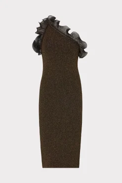MILLY Knit Dresses-Metallic Scallop Ruffle One Shoulder Dress