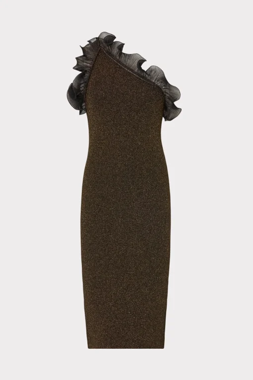 MILLY Knit Dresses-Metallic Scallop Ruffle One Shoulder Dress