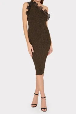 MILLY Knit Dresses-Metallic Scallop Ruffle One Shoulder Dress