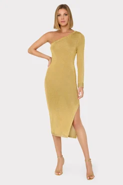 MILLY Knit Dresses-Senna Metallic One Shoulder Midi Dress